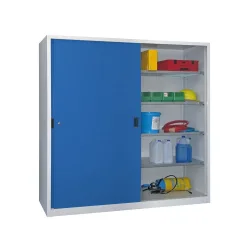 Schiebetürenschrank, Höhe 1950 mm, Vollblechtüren, BxT 1000 x 500 mm, mit 4 Fachböden, Tür lichtgrau Pavoy