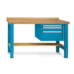 LOKOMA Schwerlastwerkbank Premium, 3 Schubladen, Ablageboden, Tragkraft 450 kg, HxBxT 800-1100 mm x 1500 mm x 700 mm, enzianblau