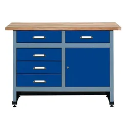 Werkbank mit Schubladenblock + Tür, BxT 1.200 x 600 mm, blau