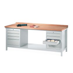PAVOY Werkbank mit 2 Schubladenblöcken, HxBxT 900 x 2.000 x 700 mm, lichtgrau, enzianblau