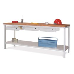 PAVOY Werktisch mit 2 Schubladen + Ablageboden, HxBxT 900 x 2.000 x 700 mm, anthrazitgrau, resedagrün
