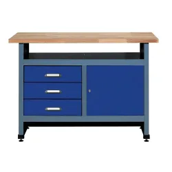 Werkbank mit 3 Schubladen + Tür + Ablagefach, BxT 1.200 x 600 mm, blau