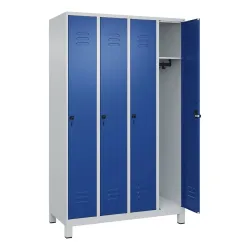 C+P Spind Classic PLUS, Füsse, 4 Abteile, HxBxT 1.950 x 1.200 x 500 mm, lichtgrau, enzianblau, für Vorhängeschloss, ohne Mitteltrennwand