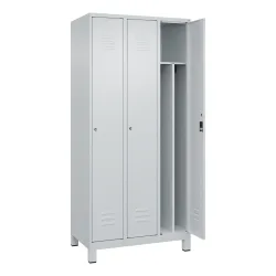 Schwarz-Weiß-Spind Classic PLUS, schmal, 3 Abteile, verkürzte Trennwand mittig, lichtgrau, B 900 mm, mit Füßen, Zylinderschloss, Trennwand mittig C+P