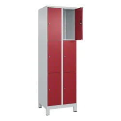 C+P Schliessfachschrank Classic PLUS, Füsse, 2 Abteile, HxBxT 1.950 x 600 x 500 mm, lichtgrau, rubinrot, 6 Fächer, Zylinderschloss