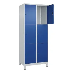 3er-Schließfachschrank Classic PLUS, 2 Abteile, lichtgrau / enzianblau, B 800 mm, 6 Fächer, mit Füßen C+P