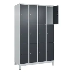 3er-Schließfachschrank Classic PLUS, 4 Abteile, lichtgrau / grau, B 1200 mm, 12 Fächer, mit Füßen C+P