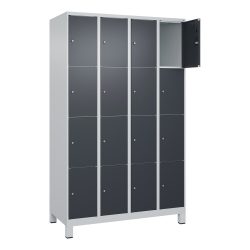 4er-Schließfachschrank Classic PLUS, 4 Abteile, lichtgrau / grau, B 1200 mm, 16 Fächer, mit Füßen C+P