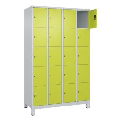 C+P Schliessfachschrank Classic PLUS, Füsse, 4 Abteile, HxBxT 1.950 x 1.200 x 500 mm, lichtgrau, clowngrün, 20 Fächer, Zylinderschloss