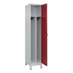 C+P Spind Classic PLUS, Füsse, 1 Abteil, HxBxT 1.950 x 400 x 500 mm, lichtgrau, rubinrot, für Vorhängeschloss, mit Mitteltrennwand