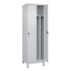 Schwarz-Weiß-Spind Classic PLUS, schmal, 2 Abteile, verkürzte Trennwand mittig, lichtgrau, B 600 mm, mit Füßen, Drehriegel, Trennwand mittig C+P