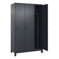 Schwarz-Weiß-Spind Classic PLUS, schmal, 3 Abteile, verkürzte Trennwand mittig, grau, B 1200 mm, mit Füßen, Drehriegel, Trennwand mittig C+P