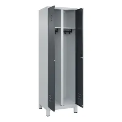 Schwarz-Weiß-Spind Classic PLUS, Trennwand mittig, 1 Abteil, lichtgrau / grau, HxB 1950 x 600 mm, mit Füßen, Zylinderschloss C+P