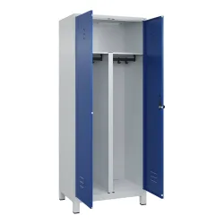C+P PSA Doppel-Spind Classic PLUS, Füsse, 2 Abteile, HxBxT 1.950 x 800 x 500 mm, lichtgrau, enzianblau, für Vorhängeschloss