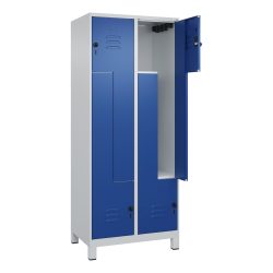 C+P Z-Spind Classic PLUS, Füsse, 4 Abteile, HxBxT 1.950 x 800 x 500 mm, lichtgrau, enzianblau, für Vorhängeschloss