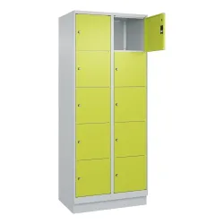 C+P Schliessfachschrank Classic PLUS, Sockel, 2 Abteile, HxBxT 1.950 x 800 x 500 mm, lichtgrau, clowngrün, 10 Fächer, Zylinderschloss