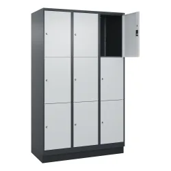 C+P Schliessfachschrank Classic PLUS, Sockel, 3 Abteile, HxBxT 1.950 x 1.200 x 500 mm, anthrazitgrau, lichtgrau, 9 Fächer, Zylinderschloss