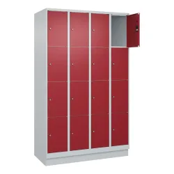 C+P Schliessfachschrank Classic PLUS, Sockel, 4 Abteile, HxBxT 1.950 x 1.200 x 500 mm, lichtgrau, rubinrot, 16 Fächer, Zylinderschloss