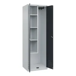 Putzmittelspind Classic PLUS, 1 Abteil, Trennwand mittig, verkürzt, lichtgrau / grau, B 600 mm, mit Bodengleitern, Drehriegel C+P