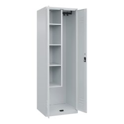 Putzmittelspind Classic PLUS, 1 Abteil, Trennwand mittig, verkürzt, lichtgrau, B 600 mm, mit Bodengleitern, Zylinderschloss C+P
