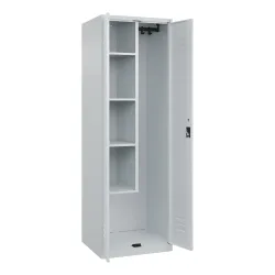 Putzmittelspind Classic PLUS, 1 Abteil, Trennwand mittig, verkürzt, lichtgrau, B 600 mm, mit Bodengleitern, Zylinderschloss C+P