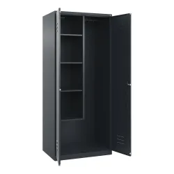 Putzmittelspind Classic PLUS, 1 Abteil, Trennwand mittig, verkürzt, grau, B 800 mm, mit Bodengleitern, Zylinderschloss C+P