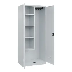 Putzmittelspind Classic PLUS, 1 Abteil, Trennwand mittig, verkürzt, lichtgrau, B 800 mm, mit Bodengleitern, Zylinderschloss C+P