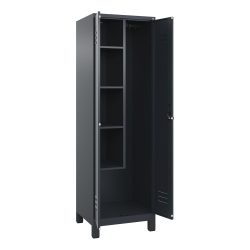 Putzmittelspind Classic PLUS, 1 Abteil, Trennwand mittig, verkürzt, grau, B 600 mm, mit Füßen, Drehriegel C+P