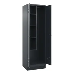 Putzmittelspind Classic PLUS, 1 Abteil, Trennwand mittig, verkürzt, grau, B 600 mm, mit Bodensockel, Drehriegel C+P