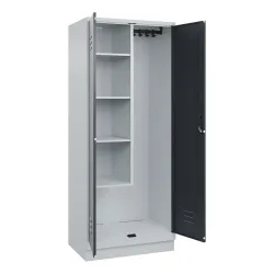 Putzmittelspind Classic PLUS, 1 Abteil, Trennwand mittig, verkürzt, lichtgrau / grau, B 800 mm, mit Bodensockel, Zylinderschloss C+P