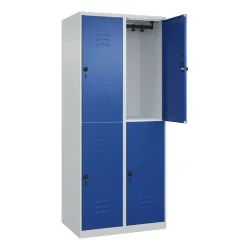 Doppelstock-Spind Classic PLUS, 2 Abteile, lichtgrau / enzianblau, HxB 1850 x 800 mm, mit Bodengleitern, Drehriegel C+P