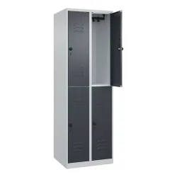 Doppelstock-Spind Classic PLUS, 2 Abteile, lichtgrau / grau, HxB 1850 x 600 mm, mit Bodengleitern, Drehriegel C+P