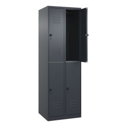 Doppelstock-Spind Classic PLUS, 2 Abteile, grau, HxB 1850 x 600 mm, mit Bodengleitern, Drehriegel C+P