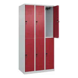 C+P Doppelstock-Spind Classic PLUS, 3 Abteile, HxBxT 1.850 x 900 x 500 mm, lichtgrau, rubinrot, für Vorhängeschloss, 6 Fächer