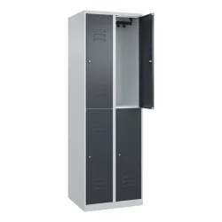 Doppelstock-Spind Classic PLUS, 2 Abteile, lichtgrau / grau, HxB 1850 x 600 mm, mit Bodengleitern, Zylinderschloss C+P