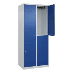 Doppelstock-Spind Classic PLUS, 2 Abteile, lichtgrau / enzianblau, HxB 1850 x 800 mm, mit Bodengleitern, Zylinderschloss C+P