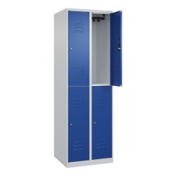 Doppelstock-Spind Classic PLUS, 2 Abteile, lichtgrau / enzianblau, HxB 1850 x 600 mm, mit Bodengleitern, Zylinderschloss C+P