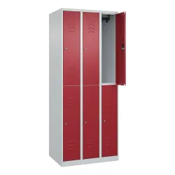 C+P Doppelstock-Spind Classic PLUS, 3 Abteile, HxBxT 1.850 x 750 x 500 mm, lichtgrau, rubinrot, Zylinderschloss, 6 Fächer