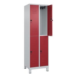 C+P Doppelstock-Spind Classic PLUS, Füsse, 2 Abteile, HxBxT 1.950 x 600 x 500 mm, lichtgrau, rubinrot, 4 Fächer, für Vorhängeschloss