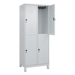 Doppelstock-Spind Classic PLUS, 2 Abteile, lichtgrau, HxB 1950 x 800 mm, mit Füßen, Drehriegel C+P