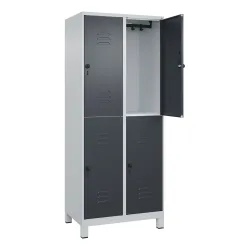 Doppelstock-Spind Classic PLUS, 2 Abteile, lichtgrau / grau, HxB 1950 x 800 mm, mit Füßen, Drehriegel C+P