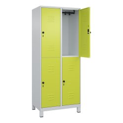 C+P Doppelstock-Spind Classic PLUS, Füsse, 2 Abteile, HxBxT 1.950 x 800 x 500 mm, lichtgrau, clowngrün, 4 Fächer, für Vorhängeschloss