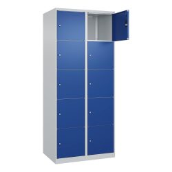 5er-Schließfachschrank Classic PLUS, 2 Abteile, lichtgrau / enzianblau, B 800 mm, 10 Fächer, mit Bodengleitern C+P