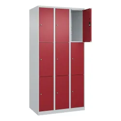 C+P Schliessfachschrank Classic PLUS, 3 Abteile, HxBxT 1.850 x 900 x 500 mm, lichtgrau, rubinrot, 9 Fächer, Zylinderschloss