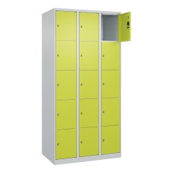 C+P Schliessfachschrank Classic PLUS, 3 Abteile, HxBxT 1.850 x 900 x 500 mm, lichtgrau, clowngrün, 15 Fächer, Zylinderschloss