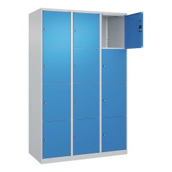 4er-Schließfachschrank Classic PLUS, 3 Abteile, lichtgrau / lichtblau, B 1200 mm, 12 Fächer, mit Bodengleitern C+P