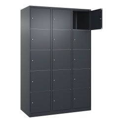 5er-Schließfachschrank Classic PLUS, 3 Abteile, grau, B 1200 mm, 15 Fächer, mit Bodengleitern C+P