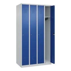 C+P Spind Classic PLUS, 4 Abteile, HxBxT 1.850 x 1.000 x 500 mm, lichtgrau, enzianblau, Zylinderschloss, ohne Mitteltrennwand