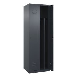 C+P Schwarz-Weiß-Spind Classic PLUS, schmal, 2 Abteile, verkürzte Trennwand mittig, grau, B 600 mm, mit Bodengleitern, Zylinderschloss, Trennwand mittig