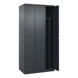 C+P Schwarz-Weiß-Spind Classic PLUS, schmal, 3 Abteile, verkürzte Trennwand mittig, grau, B 900 mm, mit Bodengleitern, Zylinderschloss, Trennwand mittig